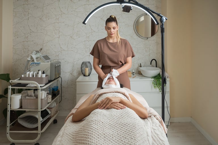 Beautician applying a soothing facial mask to a client relaxing on a massage table in a serene beauty salon environment