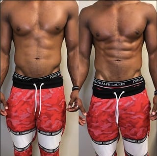 Before and after body transformation showing muscle definition and core strength