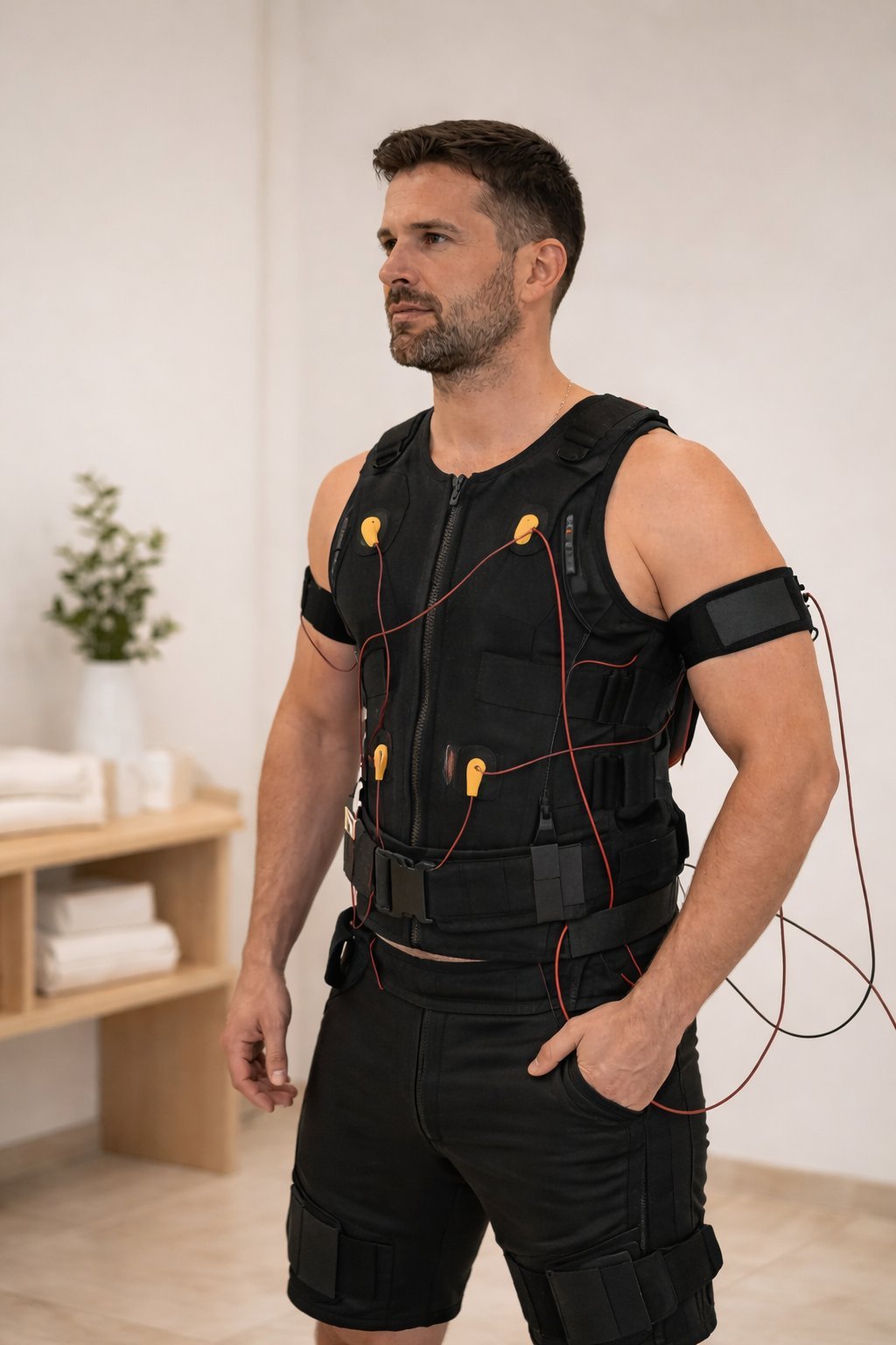 Man wearing black electrical muscle stimulation vest with electrode pads and arm bands in a bright studio with wooden furniture